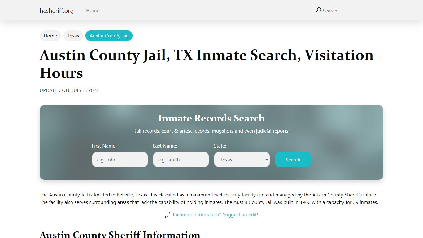 Austin County Jail, TX Inmate Search, Visitation Hours